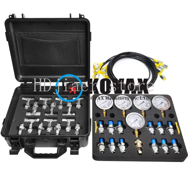 

Hydraulic Pressure Test Kit – 5 Pressure Gauges, 13 Test Accessories, 14 Tee Connectors, 5 Test Hoses (Excavator-Specific)