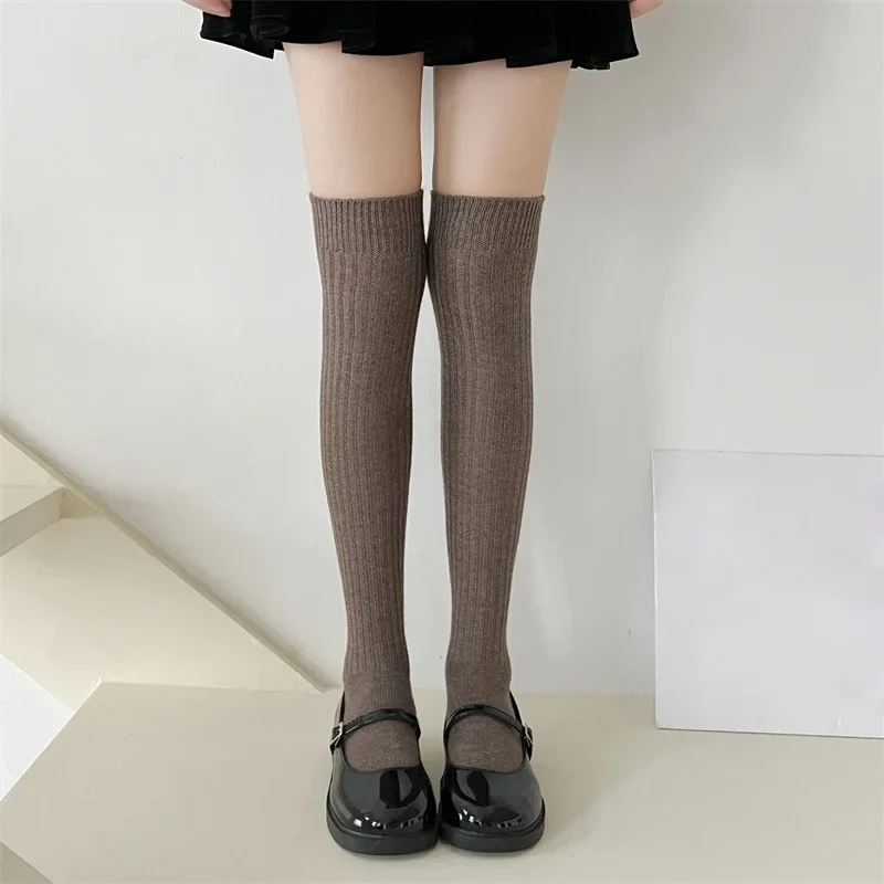 Fashion Women\'s Stockings Japanese Style Winter New Solid Color Striped Over The Knee Socks Lady Long Warm Wool Socks For Women