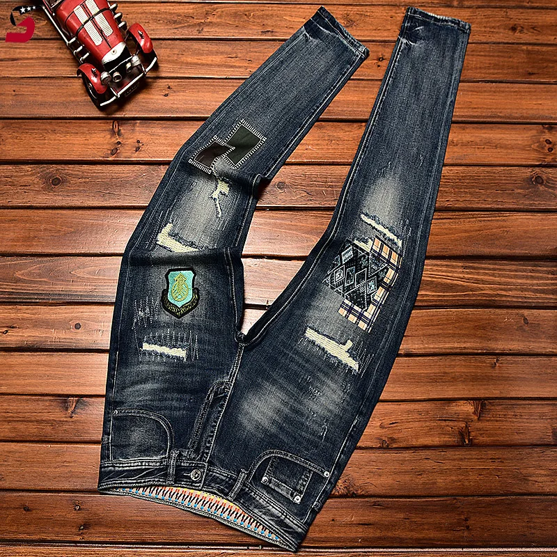 Jeans Men's Hole & Patch Embroidered Slim Casual Autumn and Winter Fashion Haulage Motor Denim Trousers