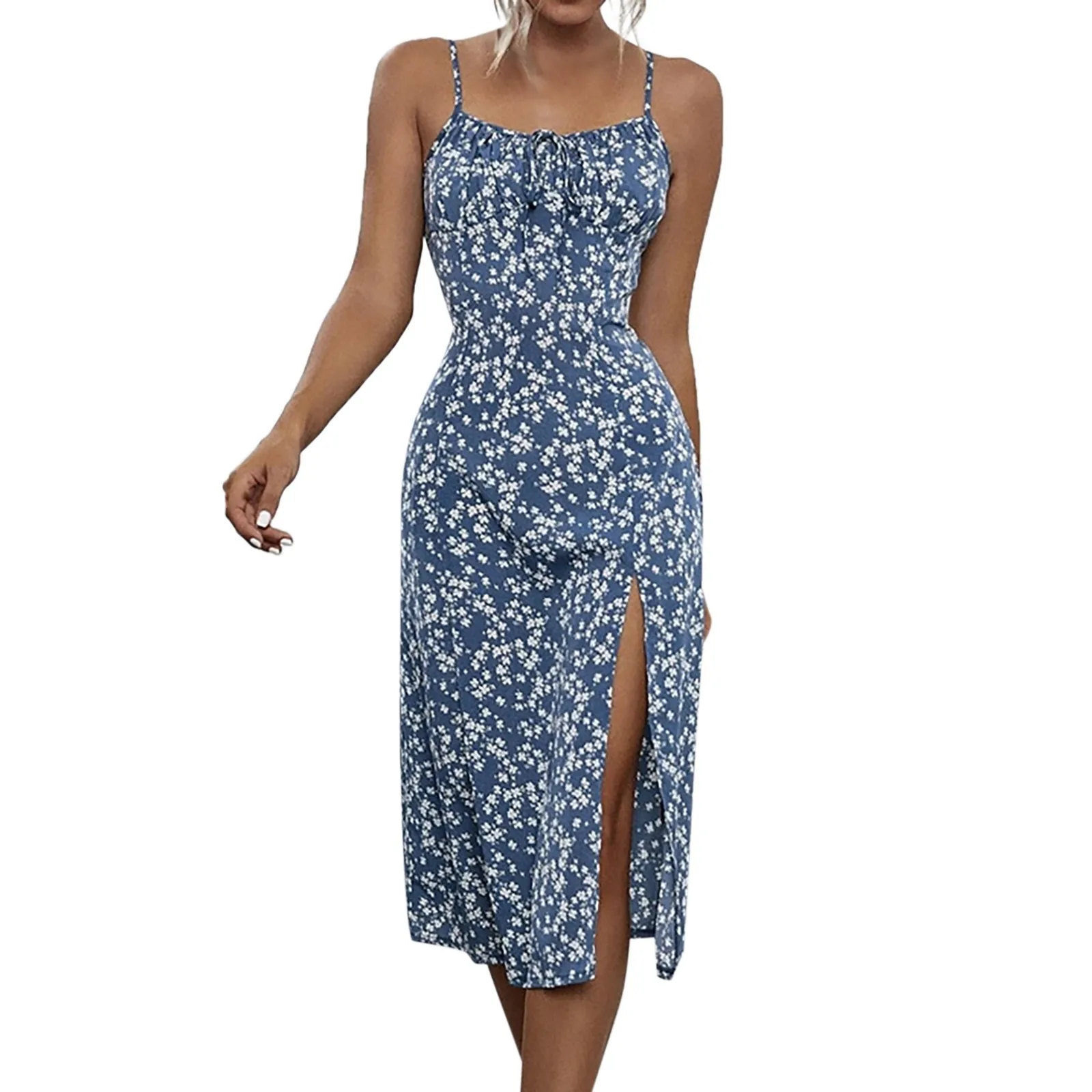 New Summer Floral Print Dresses for Women Sexy Spaghetti Strap Boho High Slit Party Beach Dress Elegant Lady Sundress Robe Femme