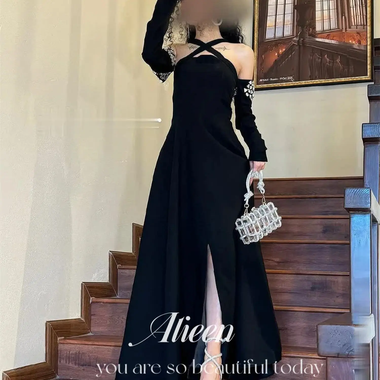 

Aileen Customized Black Stone Cross Neckline Elegant Party Dresses Woman Women's Long Evening Dress Gown Prom Wedding Graduation