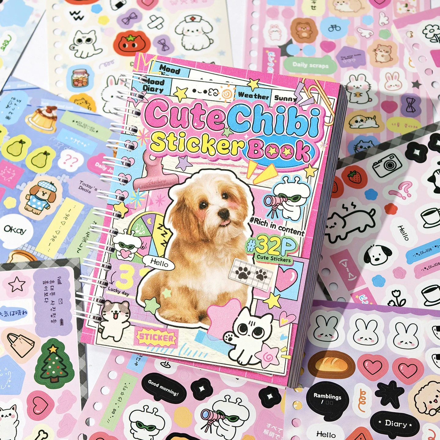 32pcs Cute Animal Sticker Book Double Spiral Binding with Built-In Die-Cutting DIY Decoration Sticker Material Books for Journal