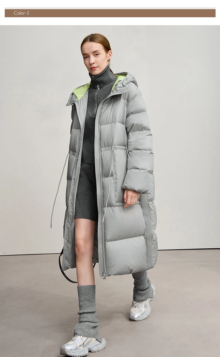 AMII Hooded Down Jacket 2026 Winter New Warm Zipper Long Sleeve 85% White Duck Down Coat Woman Loose Straight Long Coat 12524017