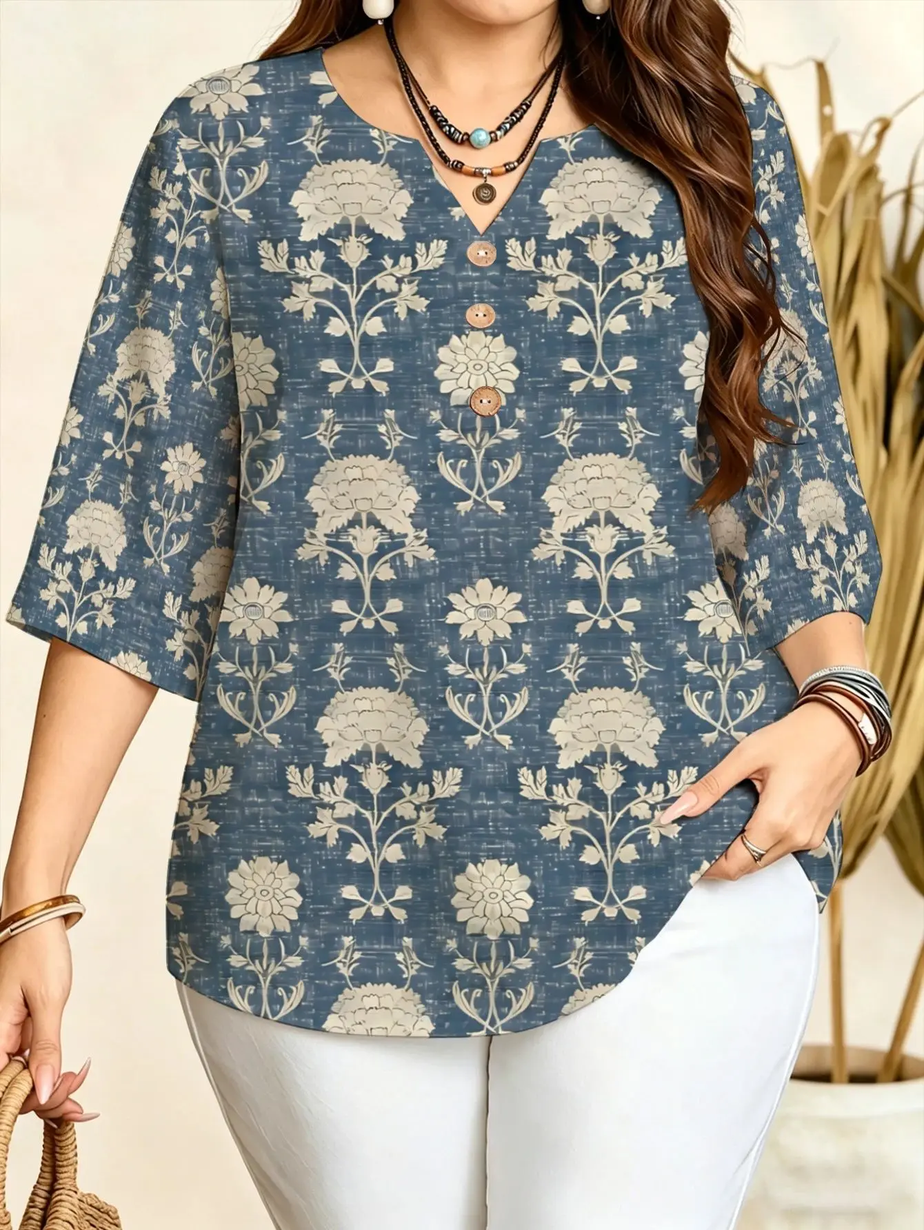 Ethnic Tribal Geometric Floral Print Plus Size Blouses Notch V Neck 3/4 Sleeve Soft Loose Curvy Women