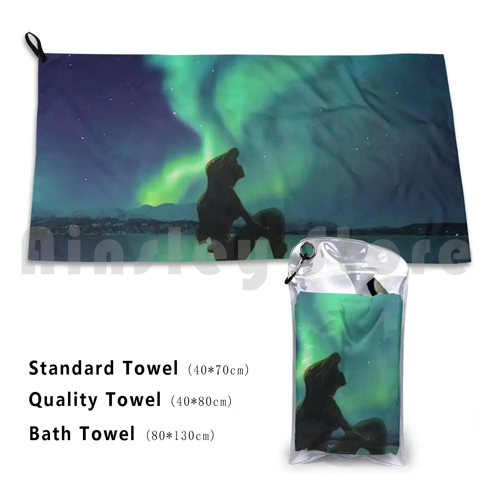 Northern Lights Illustration Custom Towel Bath Towel Northern Lights Sea Aurora Nothern Light Polar Polar