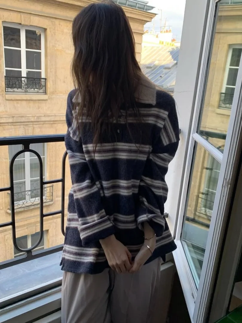 الرجعية الكورية فضفاضة كسول Sle المرأة البلوز خطوط أفقية بياقة أعلى الخريف الشتاء تصميم جديد تنوعا Faionable