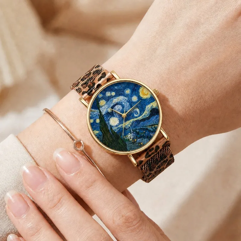 New Fashion Women Watch Simple Leopard Metal Mesh Band Draw Painting Quartz Watches for Woman Elegant Ladies Wristwatch Clock