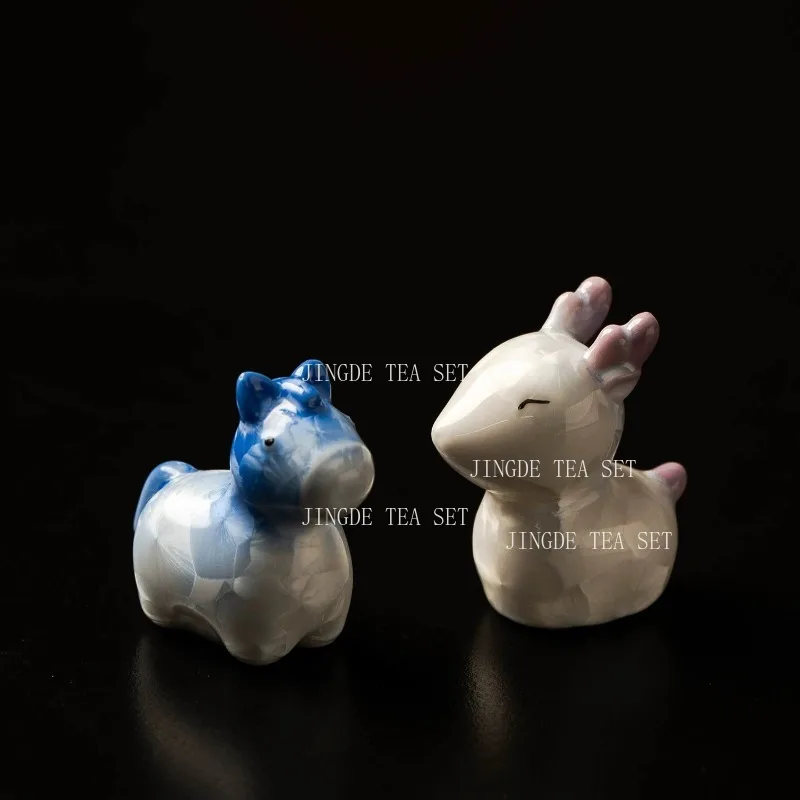 2pcs Blue and White Gradient Ceramic Horse Tea Pet Figurine with Ice Crackle Glaze Cute Animal Statue for Tea Table Decor view 3