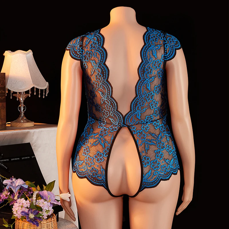 Crotchless Sexy Women's Backless Deep V Color Blocking Lace See Through Hollow Out Bodysuit Plus Size Women's Lingerie Clothing - Image 4