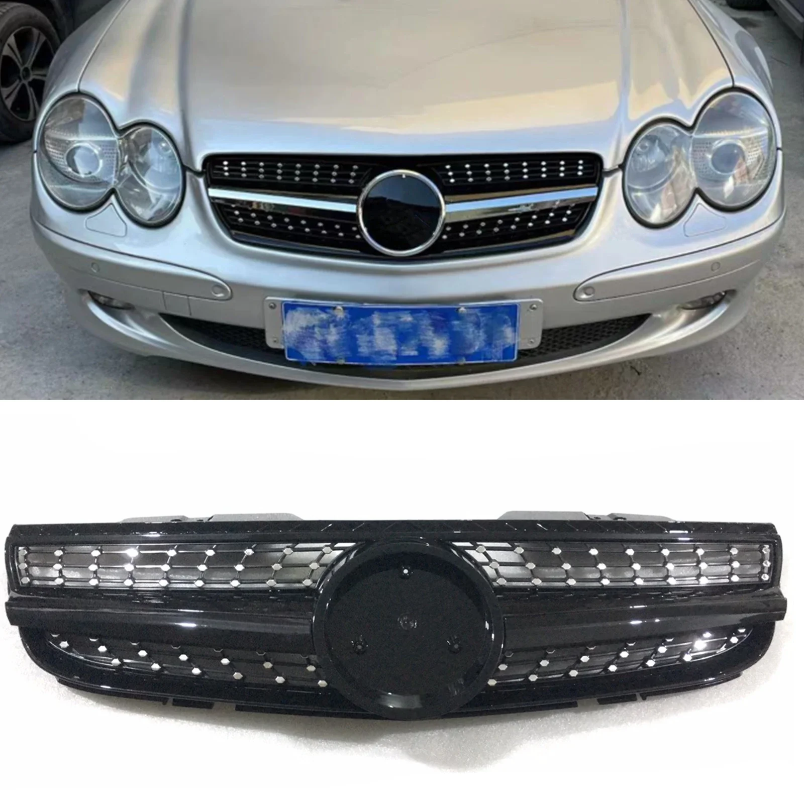 New！ Front Grille For Mercedes Benz R230 SL Class 2007-2009 SL550 Black/Silver Car Upper Bumper Hood Mesh Grid Grill