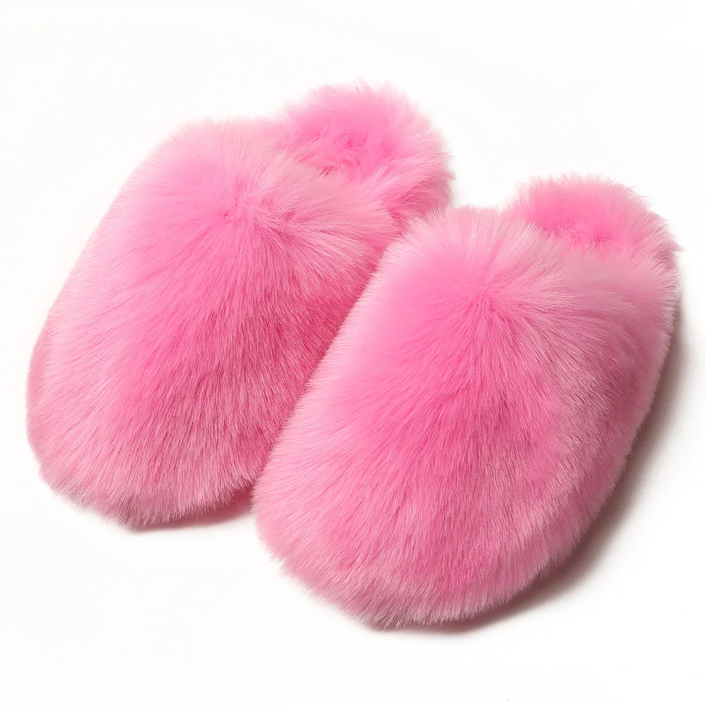 Luksusowe kapcie ze sztucznego futra Furry Shoes Women Raccoon Fox Fur Slides Flat Plush Fuzzy Flip Flop Winter Warm Fluffy Slipper Woman