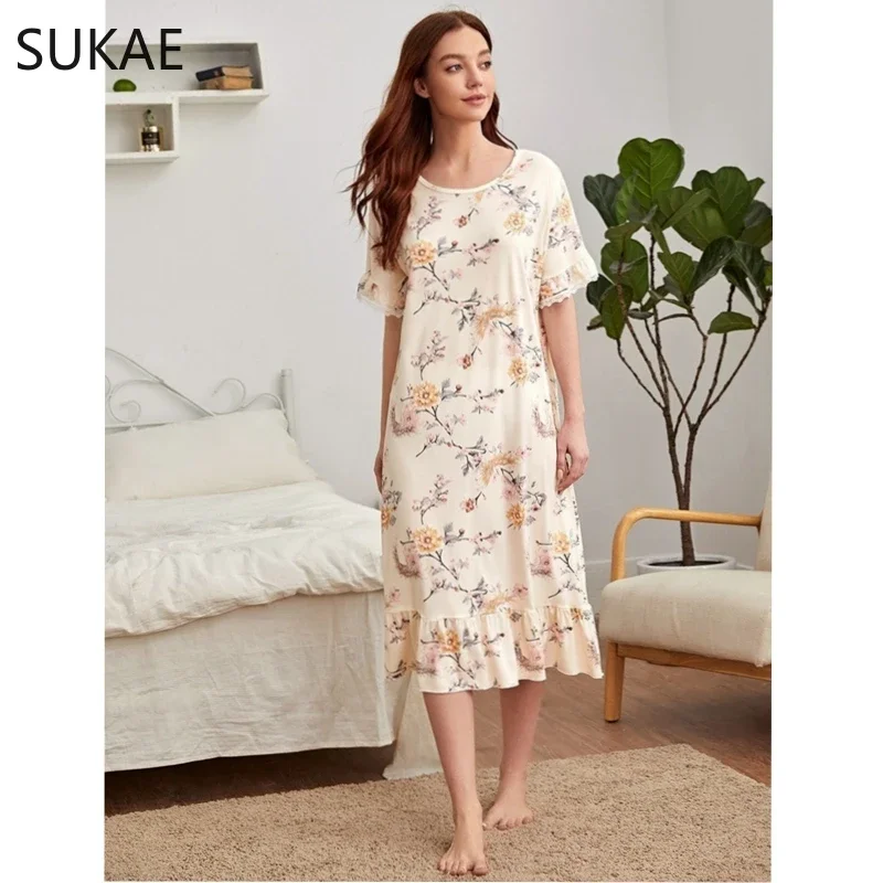 Floral Vintage Court Style Beige Flower Women Nightgown Summer Milk Silk Long Sleepshirt Homedress Elegant Dress Chic Nightdress