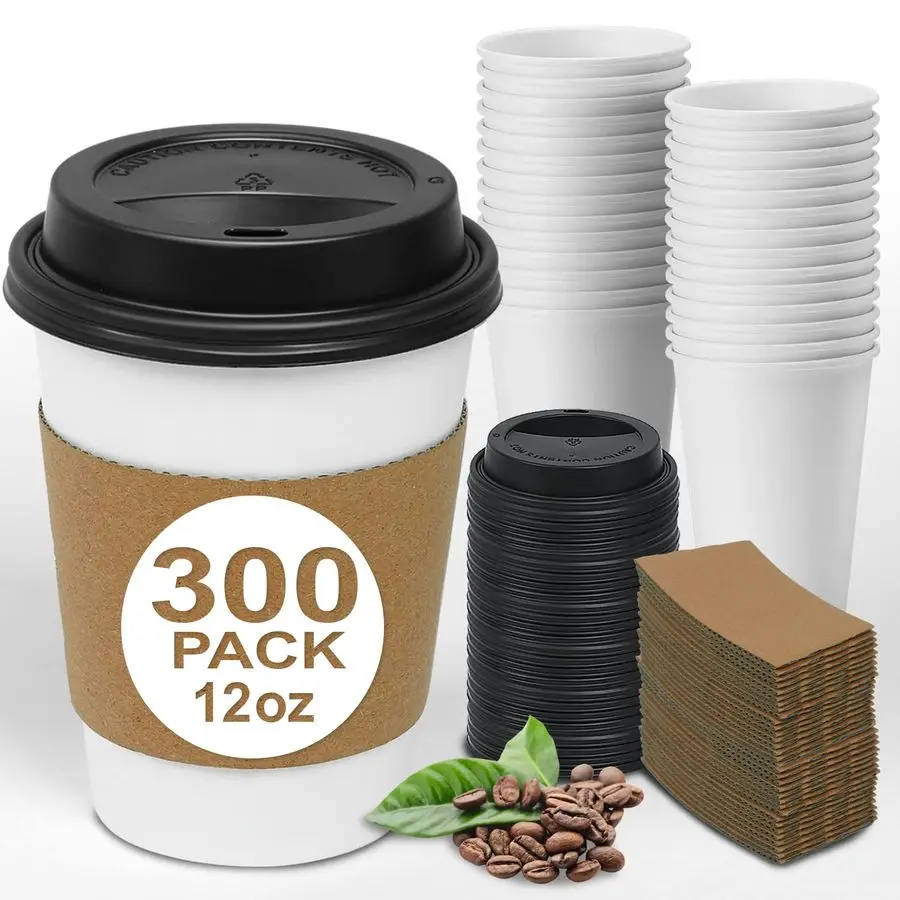 

300 Pack 12 oz Disposable Thickened Paper Coffee Cups with Lids and Sleeves, To Go Hot Coffee Cups Set for Chocolate, Cocoa, Bev