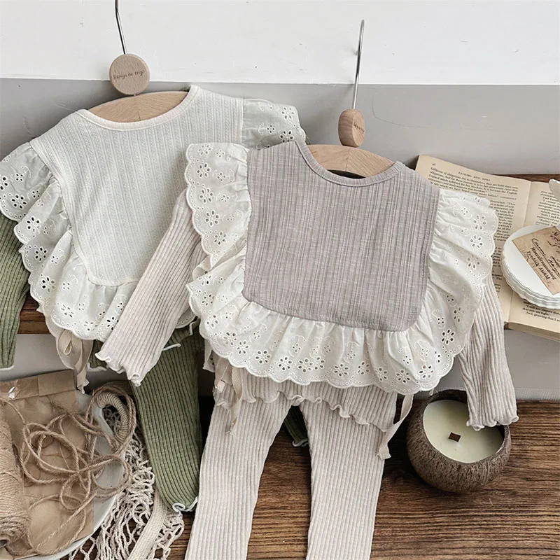 MILANCEL New Autumn Baby Clothes Set Infant Pit Strip Underwear Set +Lace Smock Toddler Girls Outfit 3PCS