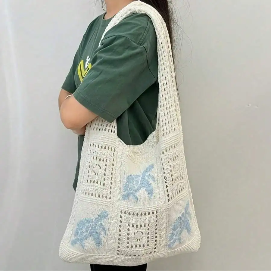 

Handmade Crochet Tote Bag For Women - Large Lightweight Bohemian Beach Bag With Turtle Embroidery