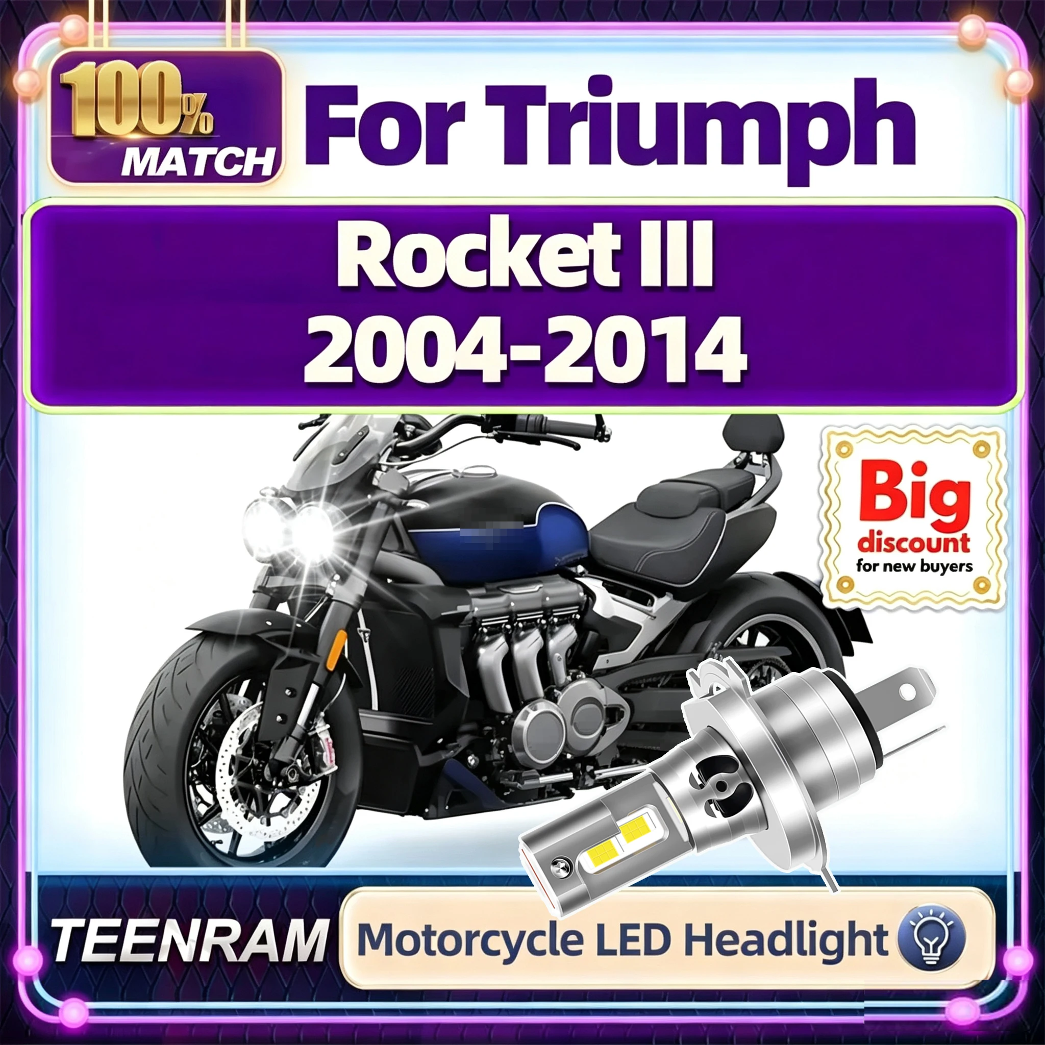 Roadsun For Triumph Rocket III 2004 2005 2006 2007 2008-2014 Motorcycle LED Headlight Bulb Hi/Lo Moto Motorbike Headlamp Ampoule