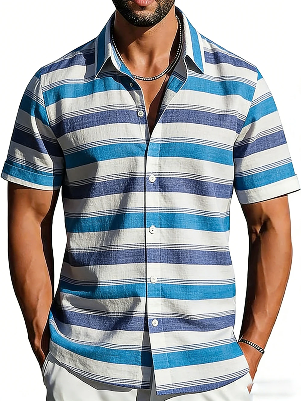 2026 summer new linen lapel short-sleeved shirt folk natural 3D printed shirt Hawaiian casual social party men's clothing