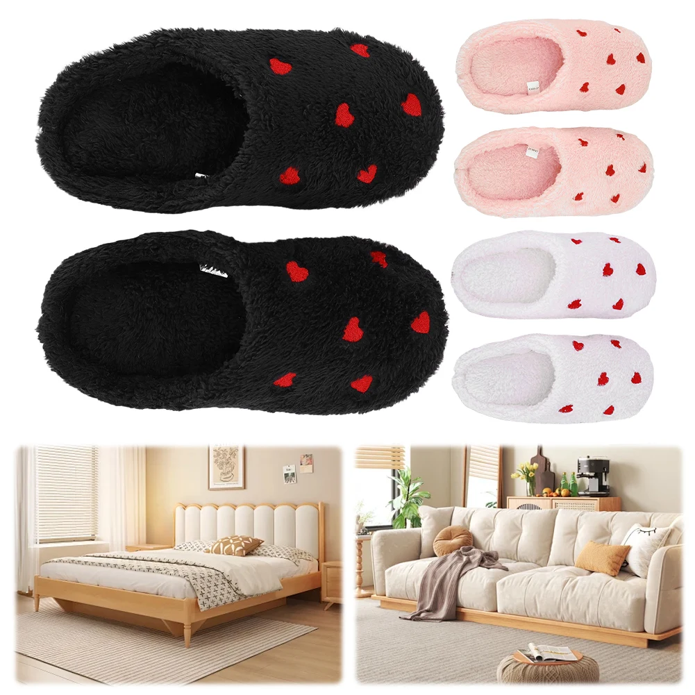 

Plush Heart Slippers Comfortable Closed Toe Slippers Breathable Flat Thermal Slippers Fluffy Love Slippers for Indoor Bedroom