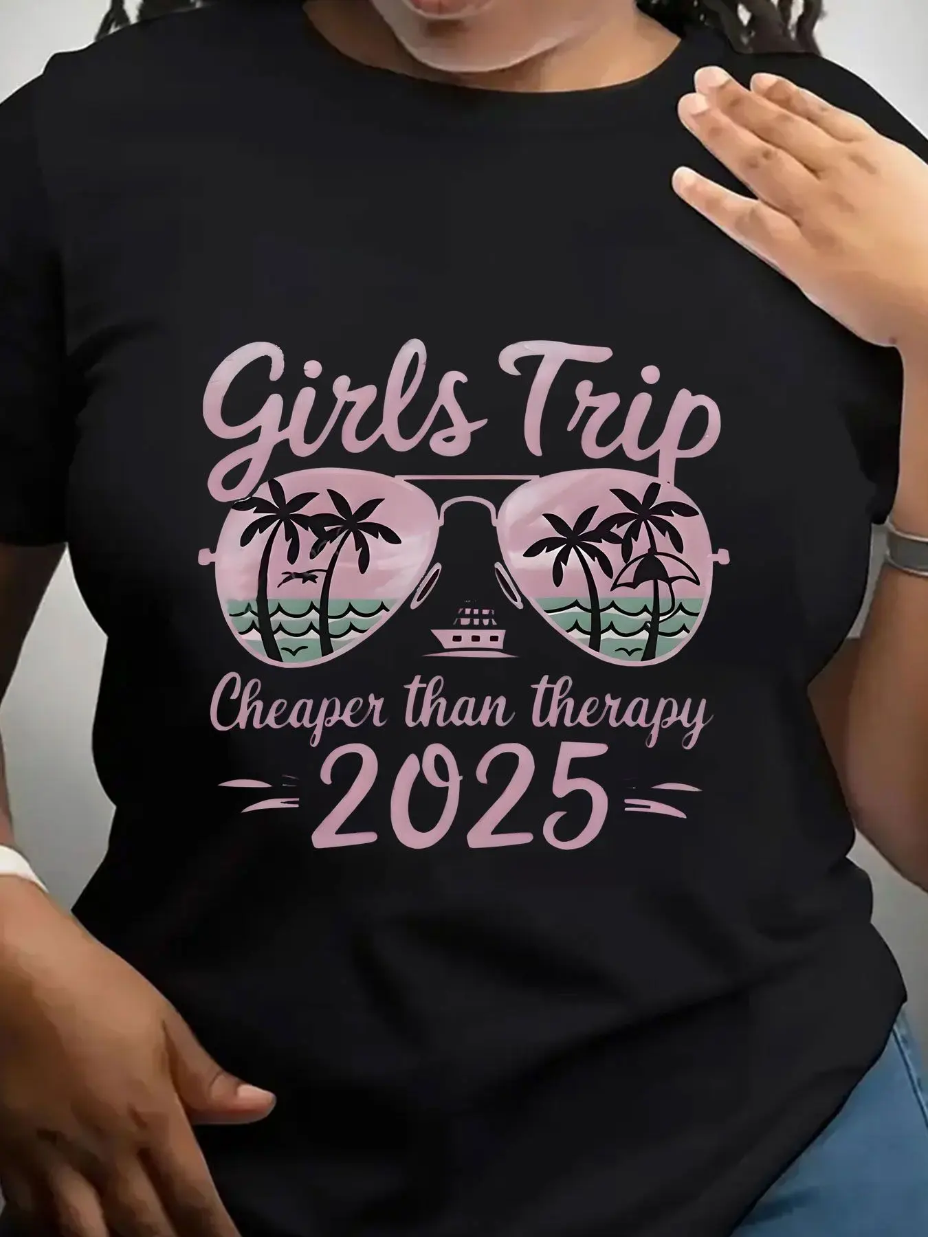 Women's Trendy Crew Neck T-Shirt Girls Trip Cheaper Than Therapy 2025 Suitable for Casual Sportswear