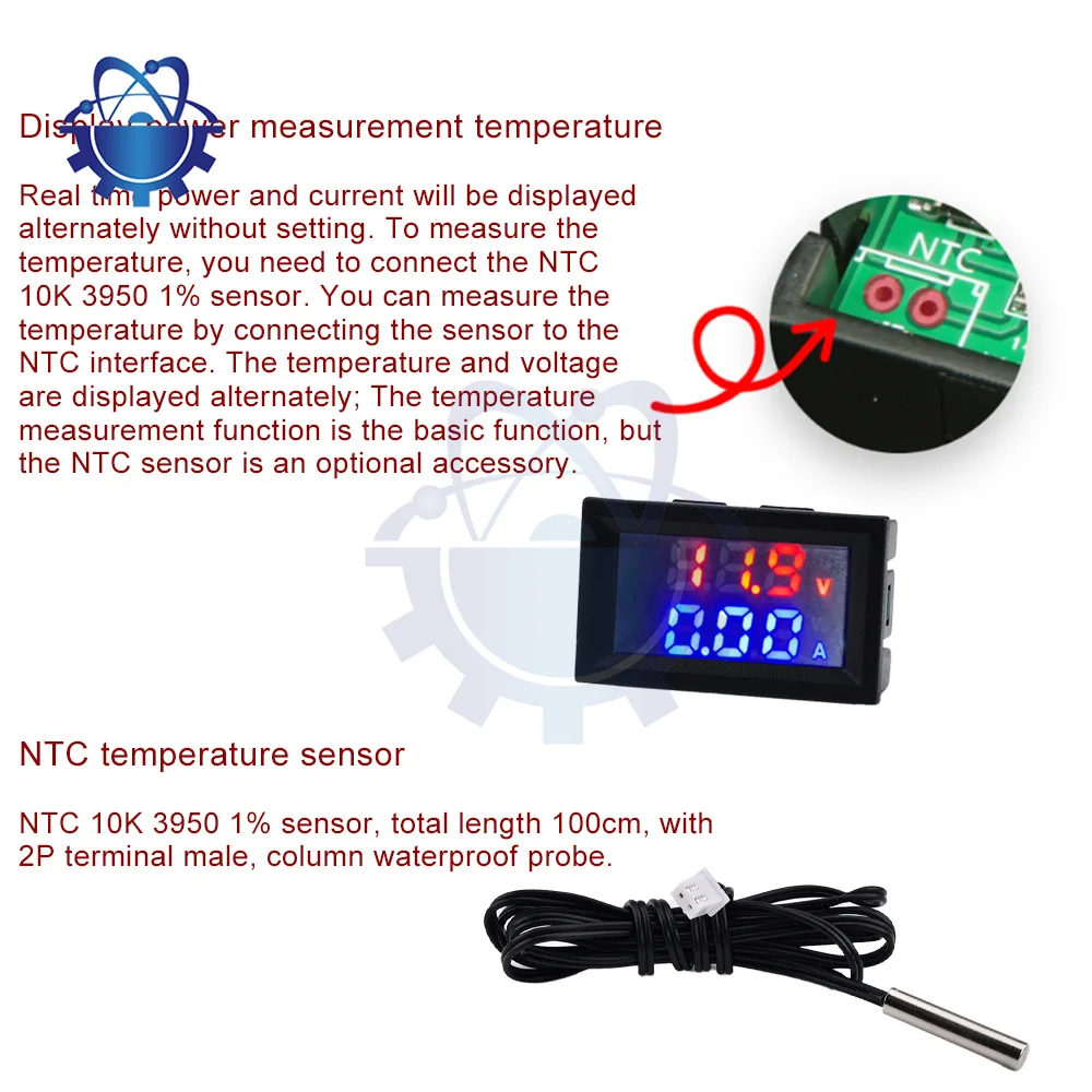 DC4-30V 10A Voltage Current Power Temperature Meter LED Display Panel With NTC Temperature Sensor Regulator Current Meter Tester