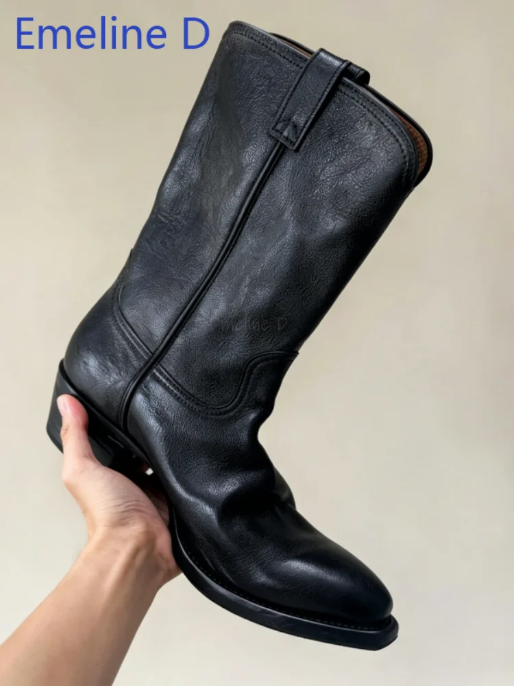 Washed Leather Western Mid Shaft Booties Sharp Snip Toe Pull Loops Curved Seam Stack Heel Retro Country Daily Outdoor Footwear
