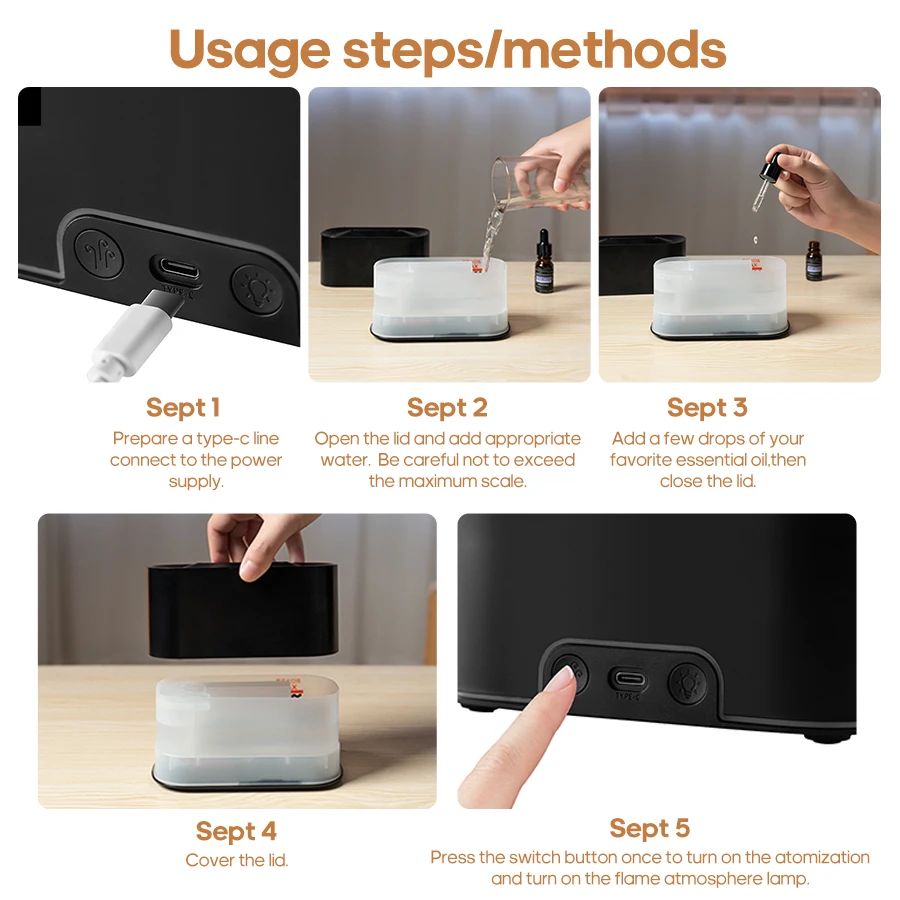 ناشر رائحة صغير الروائح الزيوت الأساسية أضواء لهب واقعية ملونة RGB الهواء المرطب سطح المكتب USB البخاخ
