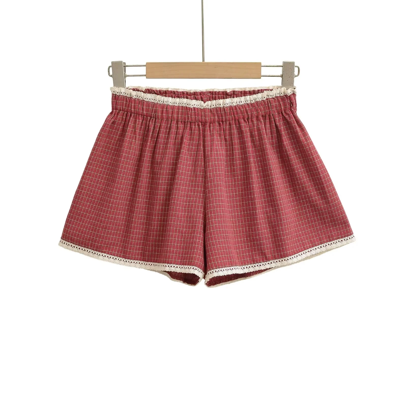 

Летние женские повседневные универсальные шорты с высокой талией, в клетку, с кружевными вставками, широкие брюки прямого кроя в уличном стиле, из других материалов