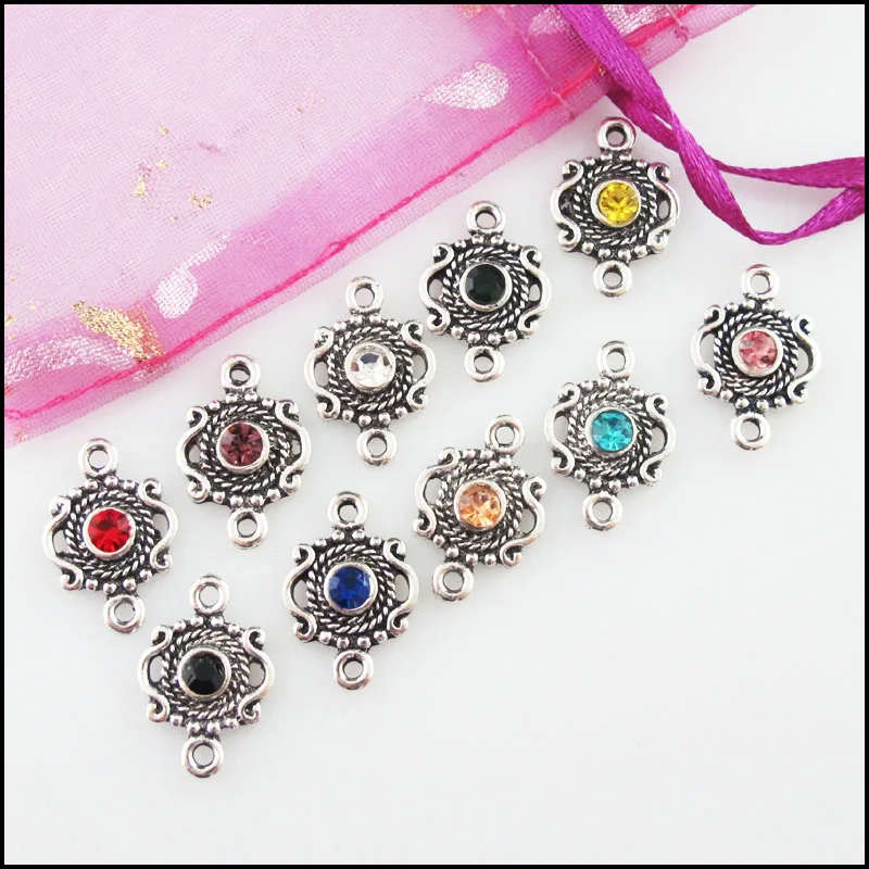 Fashion 20Pcs Mixed Crystal Tibetan Silver Plated Crown Flower Charms Connectors 13x19mm