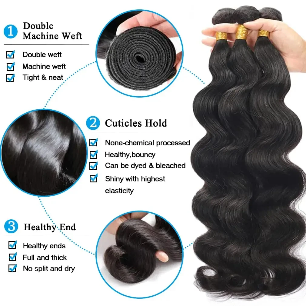 Tissage en lot Body Wave brésilien Remy noir naturel avec dentelle 13x4, extensions de cheveux humains, fermeture, lots de 3