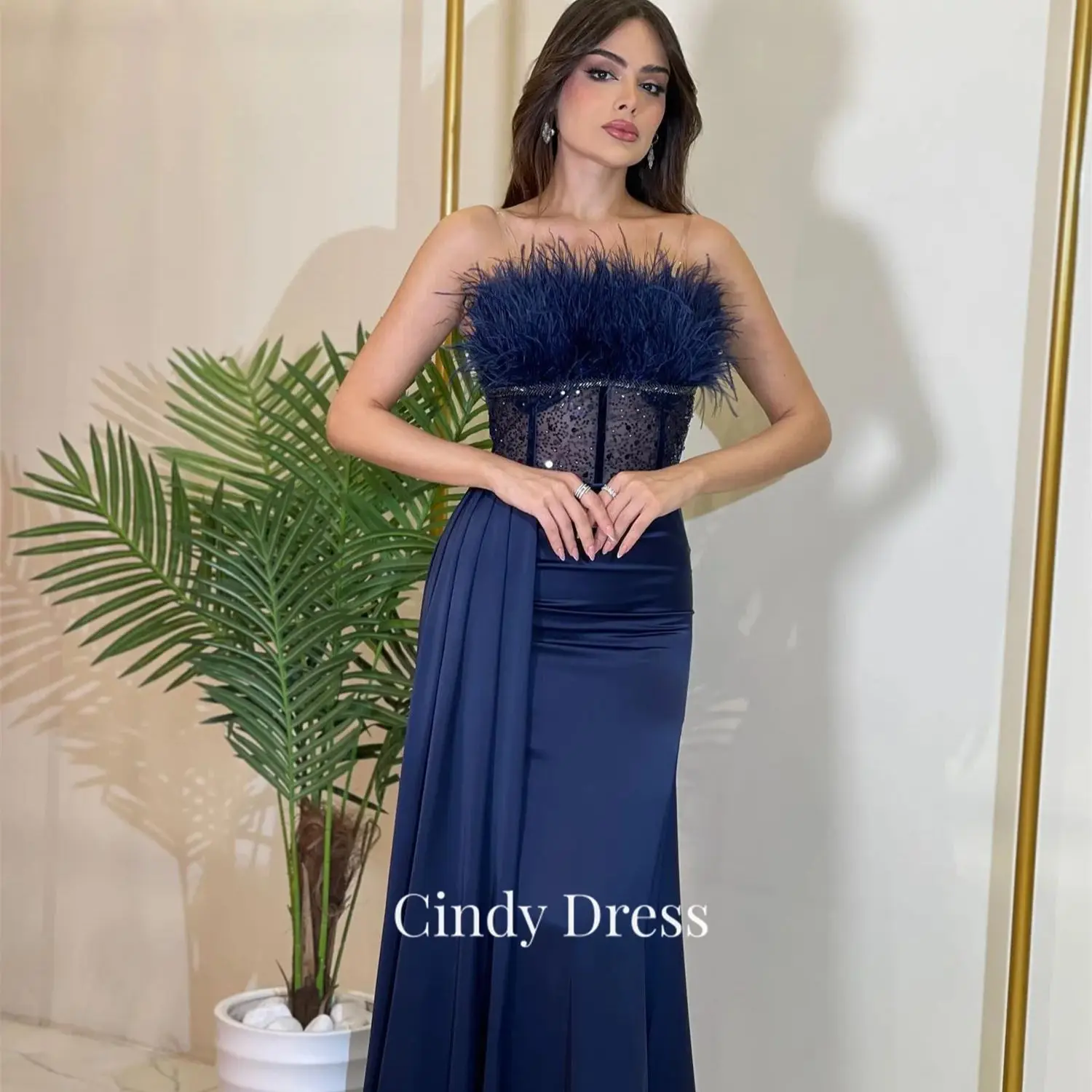 

Cindy Luxury Evening Dresses 2024 Deep Blue Party Dress for Wedding Hollow Woman Grace Luxurious Women's Mermaid Guest Sexy Prom