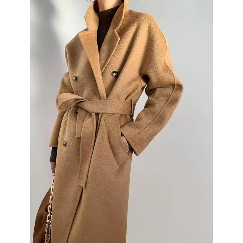 Wool Jackets Women Winter 2026 Suit Collar Double-Breasted Belt Slim Long Abrigos De Mujer White/Camel Double-Sided Tweed Coat