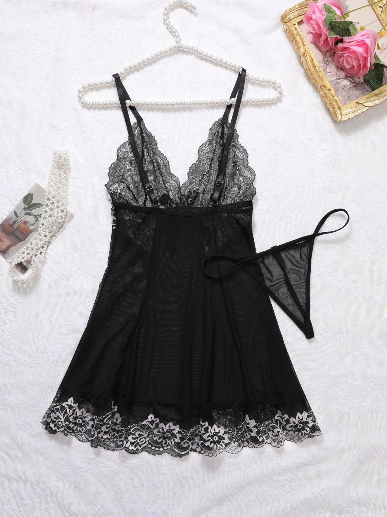 One Piece Nightgown Transparent Adult Sexy Clothing Party Dresses Pajamas Nightdress Solid Color Seductive Black Lace Slim Dress