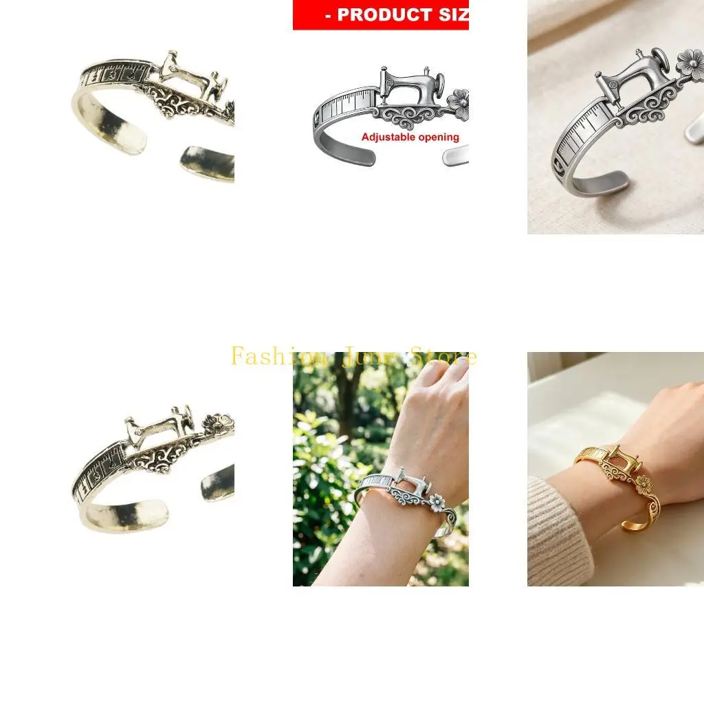 N5KA Craft Themed Bracelet Adjustable Open Cuff with Sewing Machine Centerpiece Tape Measure Engraving and Scroll Detail Jewelry