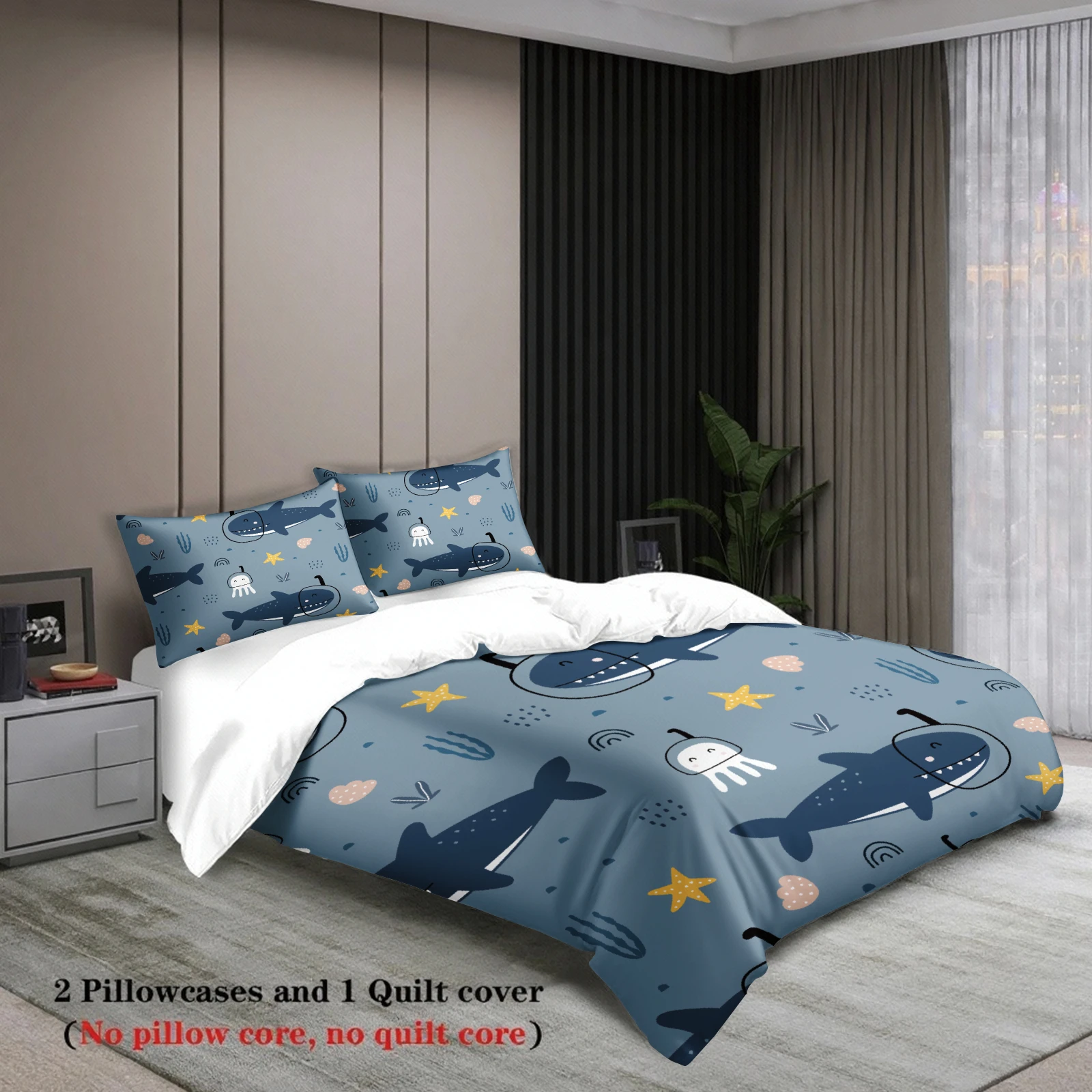 3pcs Ocean Animal Bedding Sets 3D Printed Whale Fish Coral Duvet Cover Sets With Pillowcases No Filling
