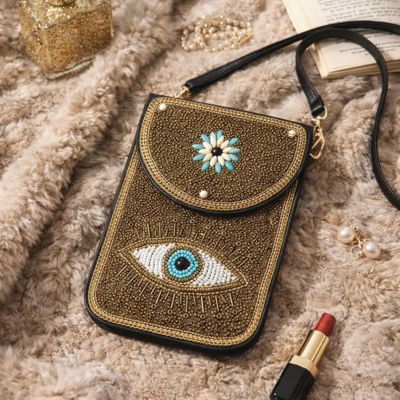 Fallen leaves Pattern Handmade bohemian fringe purse  Women Ethnic Crossbody PU Pouch Boho Retro Mobile Purse