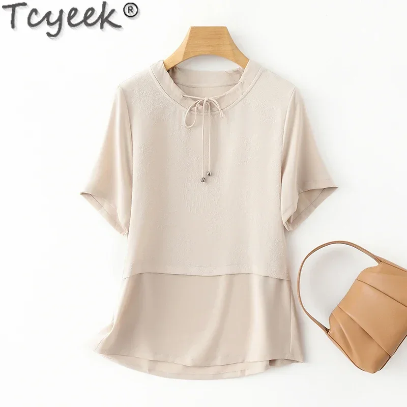 

Tcyeek 92% Mulberry Silk Blouse 2024 Elegant Female Blouses Short Sleeve Top Summer Clothes Womens Tops Lace-up Blusas De Mujer