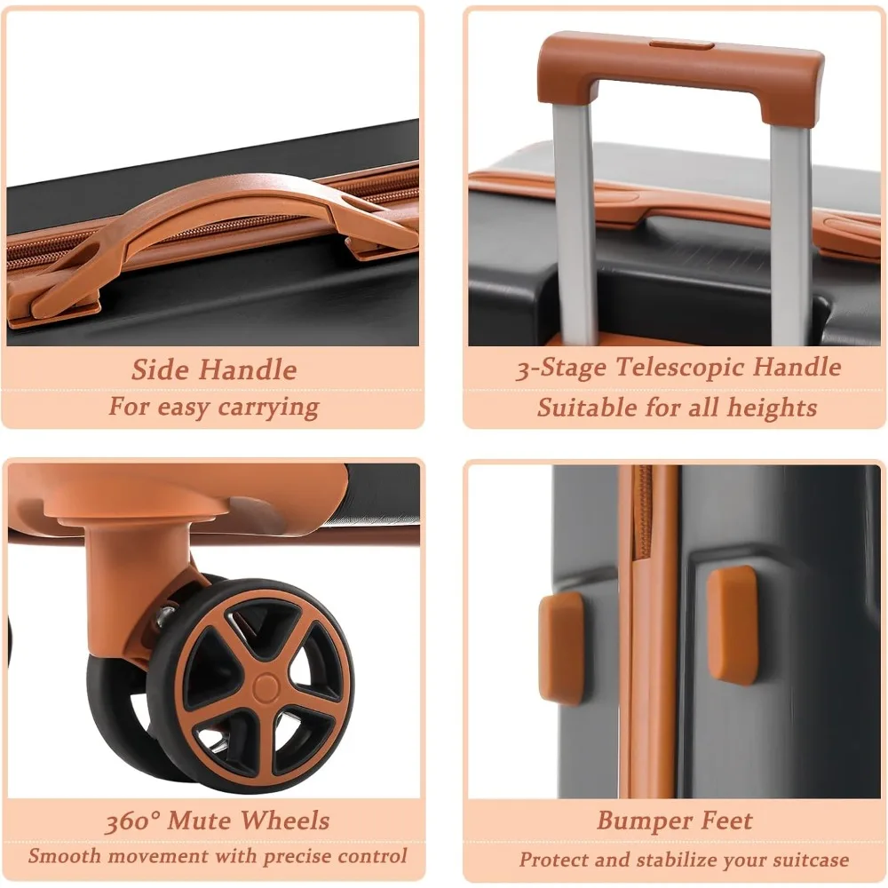 

Set of 3 pieces, hard shell with 8 rotating wheels, lightweight luggage compartment corner protector, travel black brown