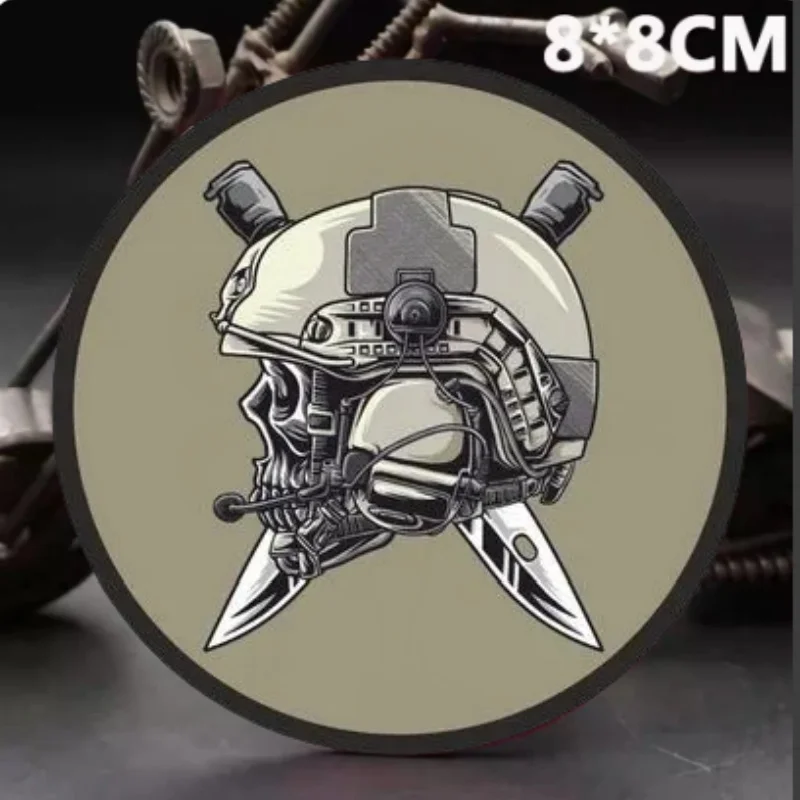 Skull Emblem Wearing A Helmet Tactical Skull Morale Badge Backpack Decoration Sticker Print Hook and Loop Patches for Clothing