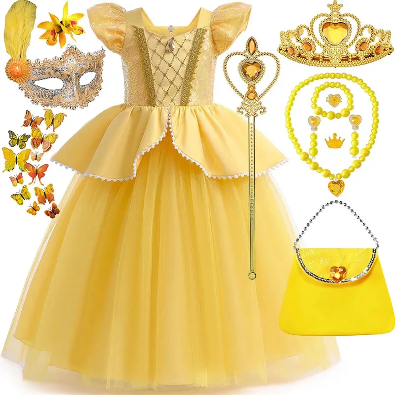 

❤2026★ Classic Beauty and the Beast Movie Princess Belle Yellow Striped Short-Sleeved Puffy Princess Dress Girl Cosplay Costume❤