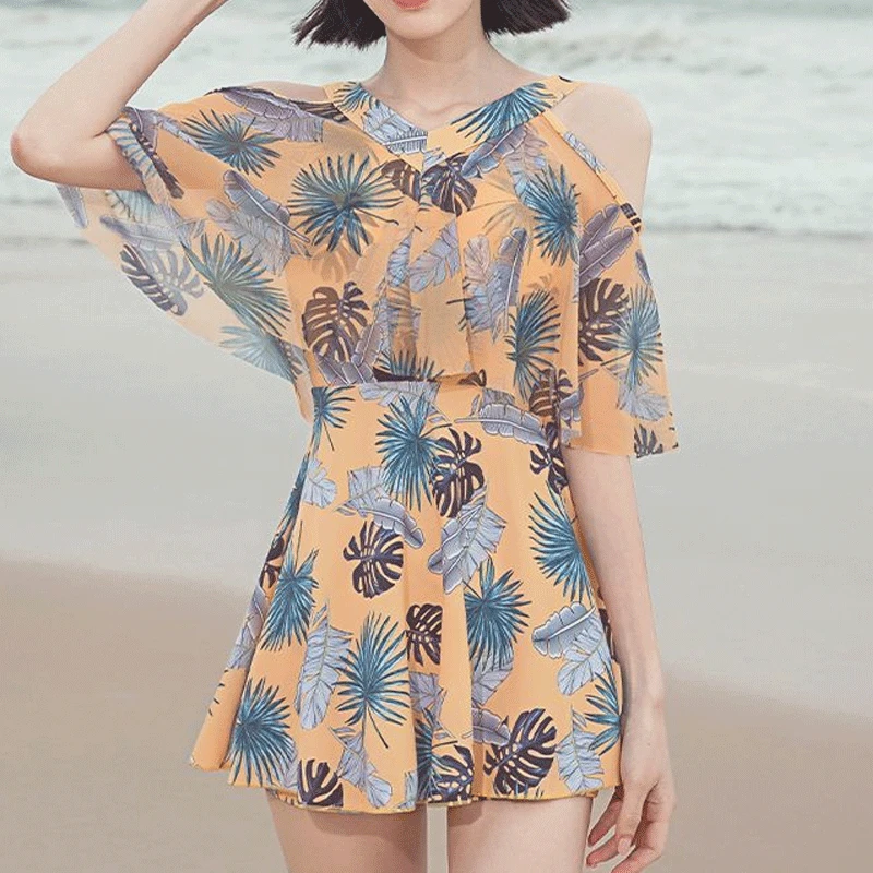 2023 Korean Summer Conservative Contrasting Colors Elegant Hawaiian Swimwear Women's Off Shoulder Beach Bath Clothing