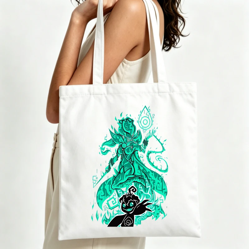 fantasy creature print canvas tote bag with artistic design, ideal for casual daily use and summer outings