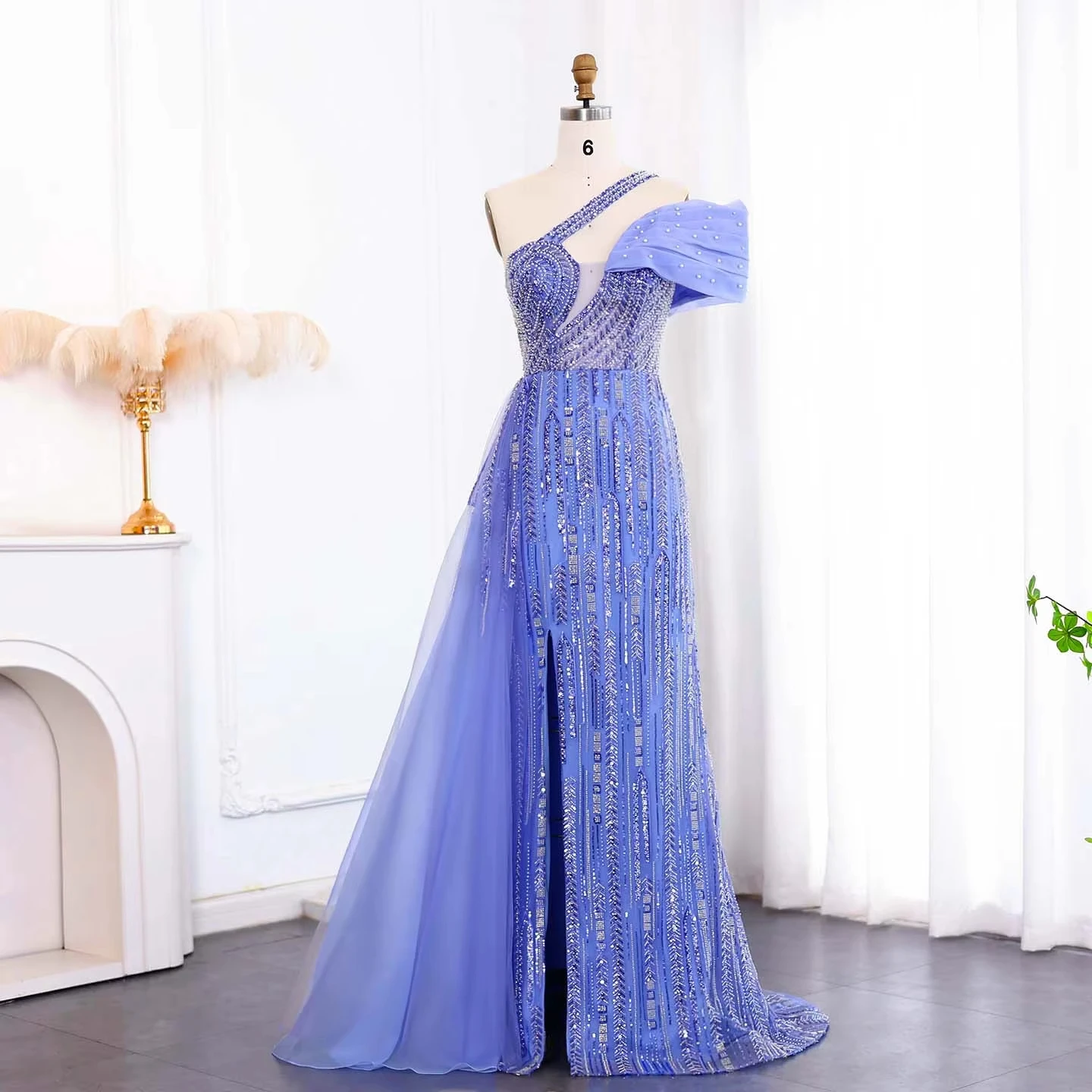 Customized Arabic One Shoulder Blue Luxury Dubai Evening Dress with Side Skirt for Women's Party Fuchsia Long Prom Gowns LSZ023