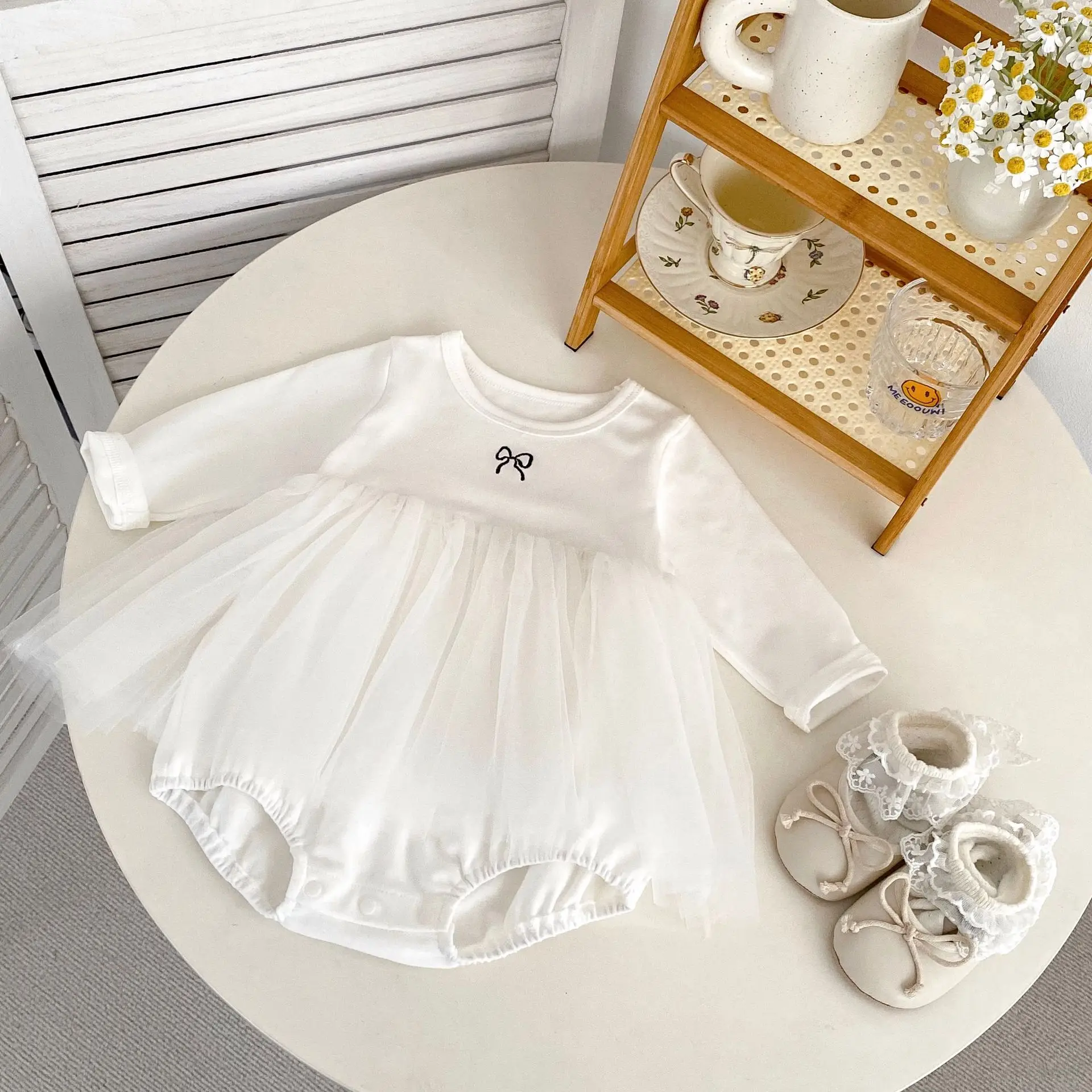 Baby Girls Spring Clothing 0-2Y Simple Embroidery Bow Bodysuit for Infant Girls Cute Toddler Long Sleeve One Piece Mesh Skirt