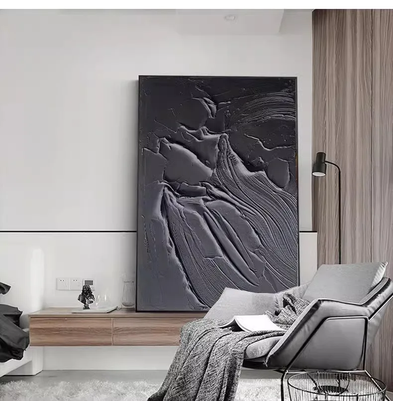 Hand-painted Oil Painting Black and White  Modern Minimalist  Entrance Three-dimensional  Large Floor-to-ceiling Gypsum Painting