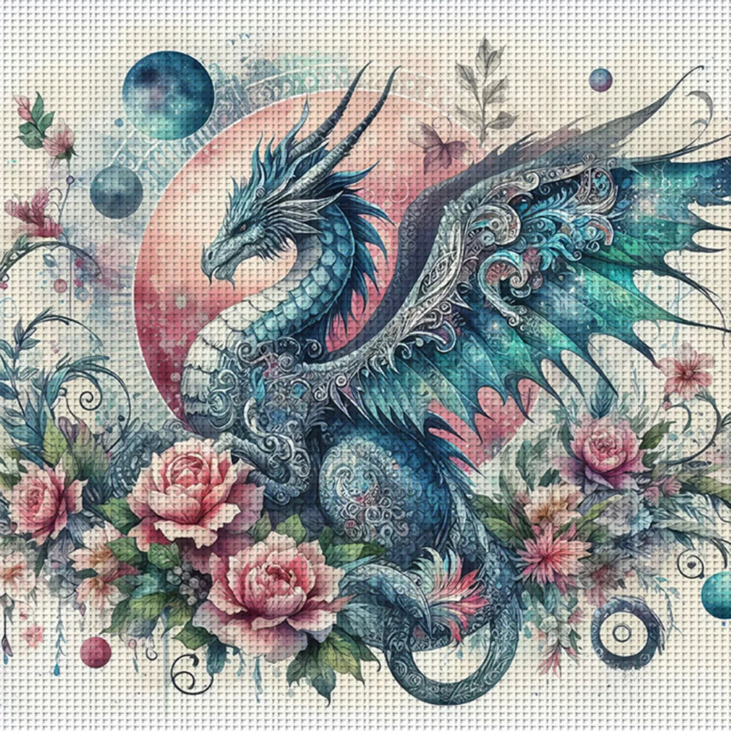 1 Stück 46x46cm/18,11x18,11 Zoll, 11CT Druck Kreuzstich DIY-Set, Himmlischer Rosen-Drache, Entspanntes Kreuzstich-Set für Erwachsene Anfänger