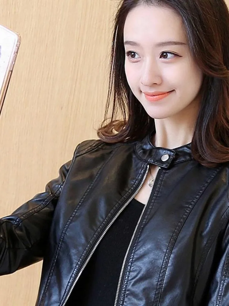 

Biker Jackets Womens Jacket Hood Leather Slit Button-Embellished Cropped Preppy Students Campus Leisure Skin-Friendly All-Match