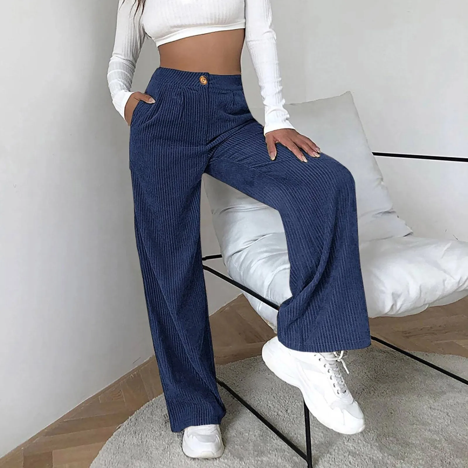 

Retro High Waist Corduroy Pants Women Spring Fall Straight Causal Full Length Trousers Korean Fashion Baggy All Match Black Pant