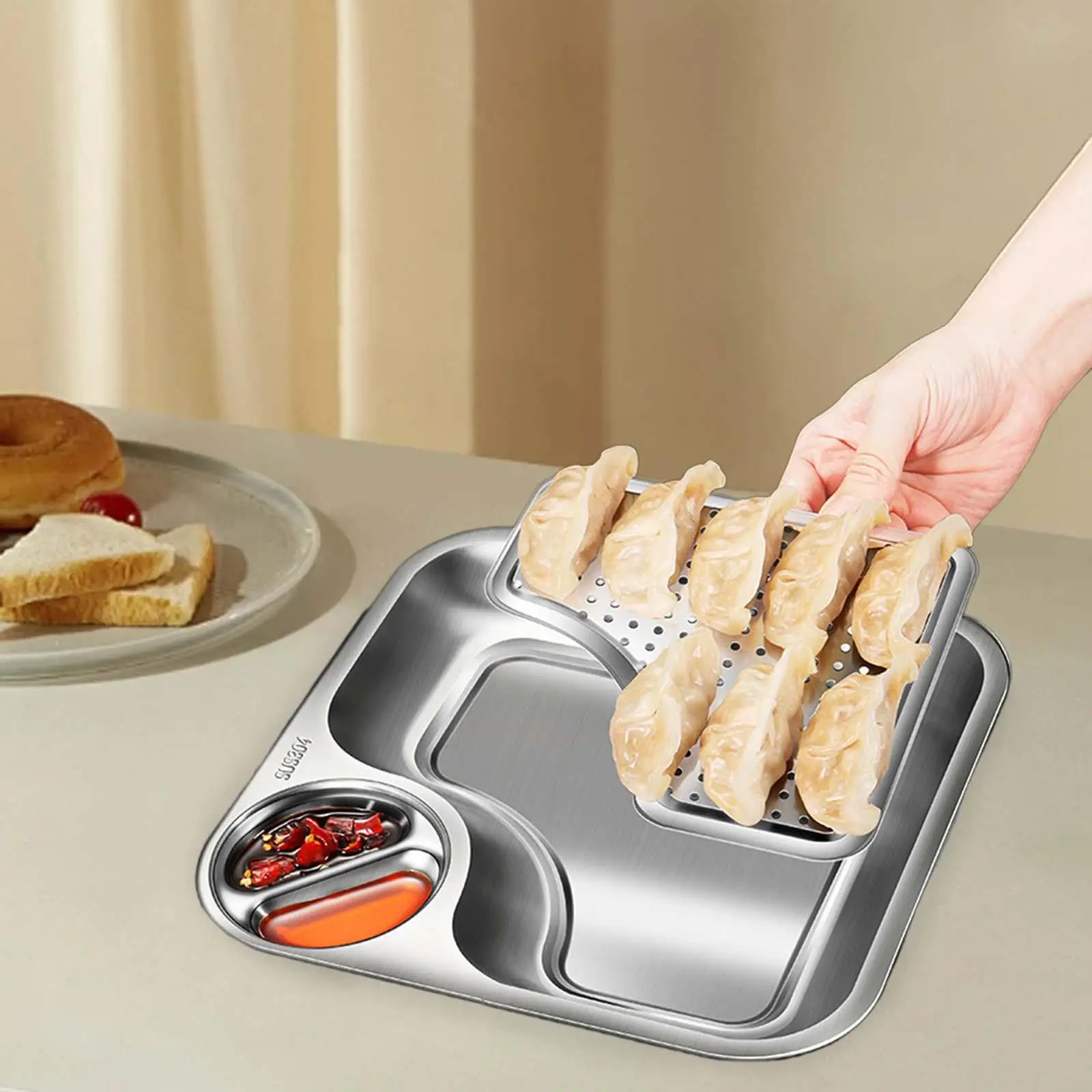 Plato para dumplings, bandeja fácil de limpiar con compartimento para salsa, plato de drenaje, bandeja para servir comida para restaurantes, pollo frito