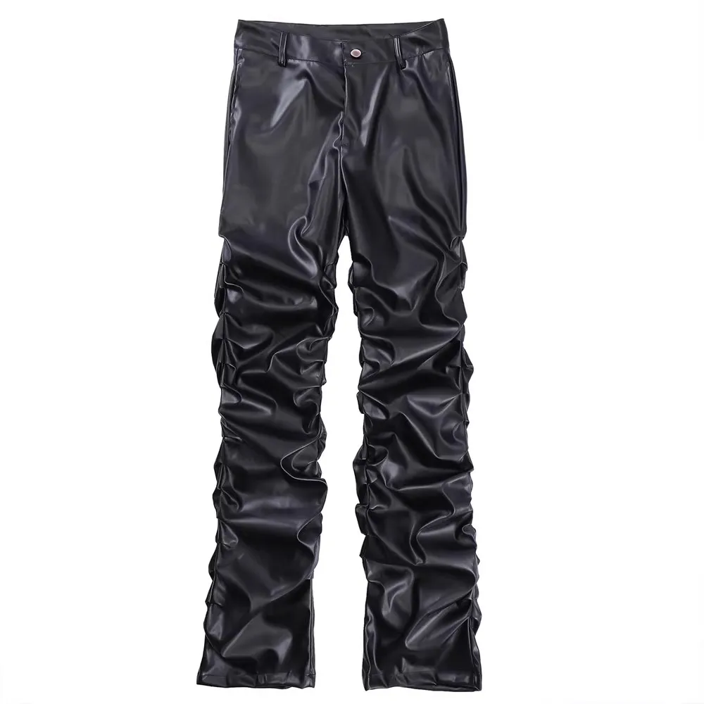 Hip-Hop Streetwear Herren Schwarze Plissierte Vintage Freizeithose Harajuku PU-Lederhose Frühling Herbst Lose Gerade Lederhose – Detail 7
