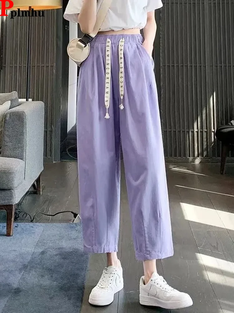 

Women Casual Loose Harem Pants Summer Thin Elastic High Waist Straight Pantalones Korean Fashion Solid Ankle Length Spodnie New